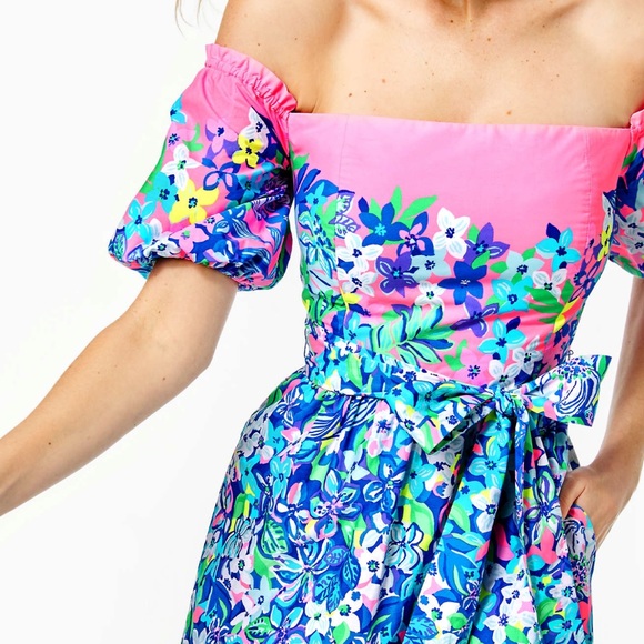 Lilly Pulitzer Zalie Off-The-Shoulder Midi Dress Borealis Blue Social Sunset 14 - Picture 9 of 12
